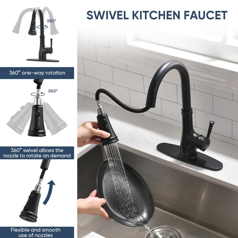 WEWE Vintage Kitchen Faucet with Pull Down Sprayer, Stainless Steel 1 or 3 Hole High Arc Single Handle Antique Sink Faucet for Classic Modern Ktichen, Matte Black Bar & Prep Sinks - Image 5